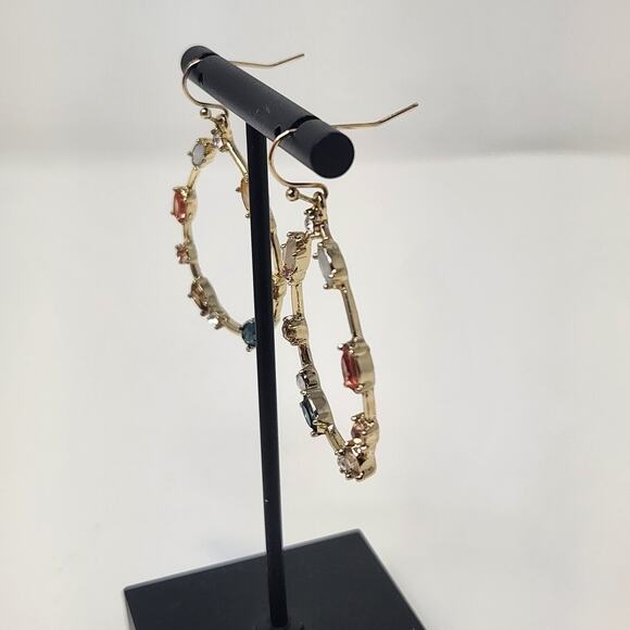 Teardrop Gold Tone Crystal Dangle Drop Hook Earrings Multi Color Stones Oversize - Picture 3 of 5